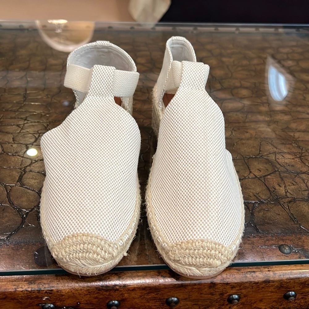 Tory Burch Catalina Canvas Cream Espadrille Wedge Sandals